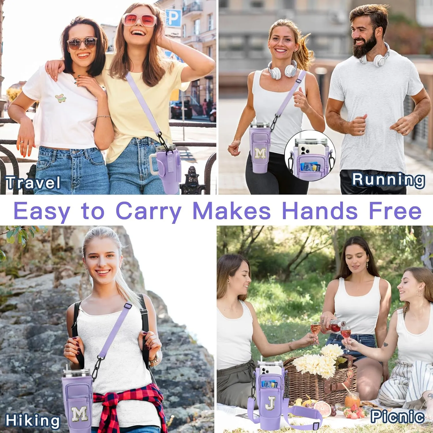Chenille Initial Water Bottle Carrier Bag with Phone Pocket for Stanley 40oz Tumbler Stanley Cup Accessories Crossbody Water Bottle Holder Pouch with Strap for Travel Hiking Picnic (Purple K)
