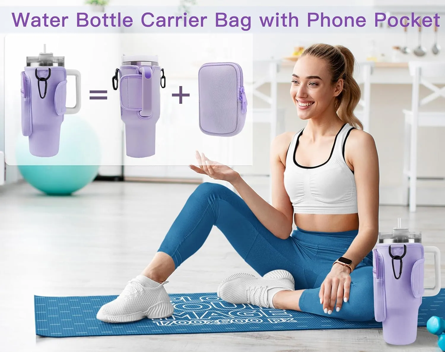 Chenille Initial Water Bottle Carrier Bag with Phone Pocket for Stanley 40oz Tumbler Stanley Cup Accessories Crossbody Water Bottle Holder Pouch with Strap for Travel Hiking Picnic (Purple K)