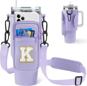 Chenille Initial Water Bottle Carrier Bag with Phone Pocket for Stanley 40oz Tumbler Stanley Cup Accessories Crossbody Water Bottle Holder Pouch with Strap for Travel Hiking Picnic (Purple K)