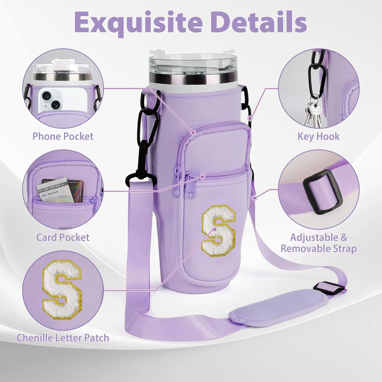 Chenille Initial Water Bottle Carrier Bag with Phone Pocket for Stanley 40oz Tumbler Stanley Cup Accessories Crossbody Water Bottle Holder Pouch with Strap for Travel Hiking Picnic (Purple K)
