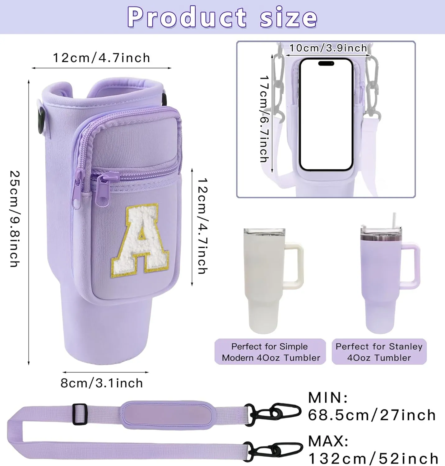 Chenille Initial Water Bottle Carrier Bag with Phone Pocket for Stanley 40oz Tumbler Stanley Cup Accessories Crossbody Water Bottle Holder Pouch with Strap for Travel Hiking Picnic (Purple K)