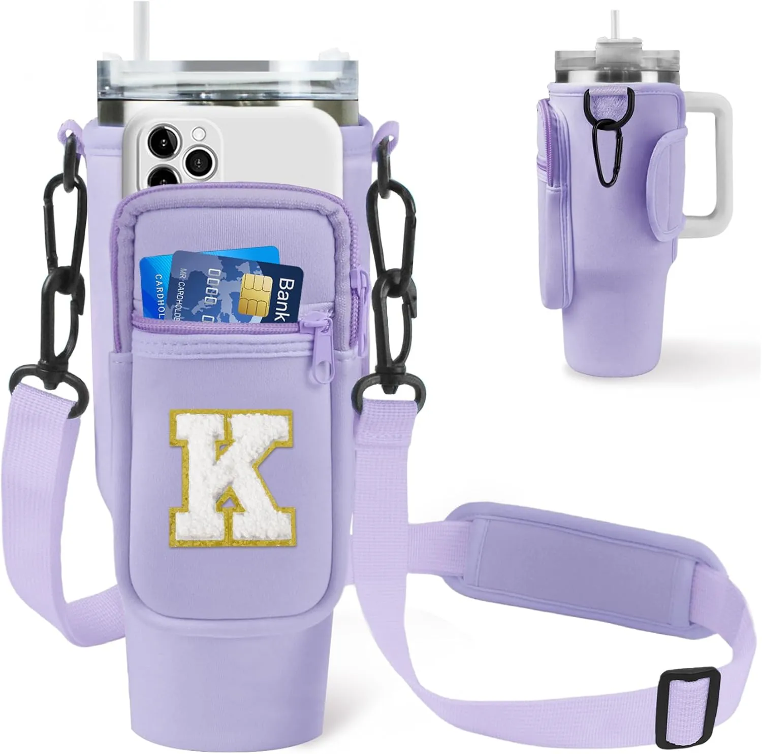 Chenille Initial Water Bottle Carrier Bag with Phone Pocket for Stanley 40oz Tumbler Stanley Cup Accessories Crossbody Water Bottle Holder Pouch with Strap for Travel Hiking Picnic (Purple K)