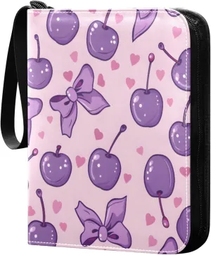 Cherries with Bows in Lilac-pink Colors 4 Pocket Card Binder Trading Card Binder Portable Cards Collection Book with Zipper