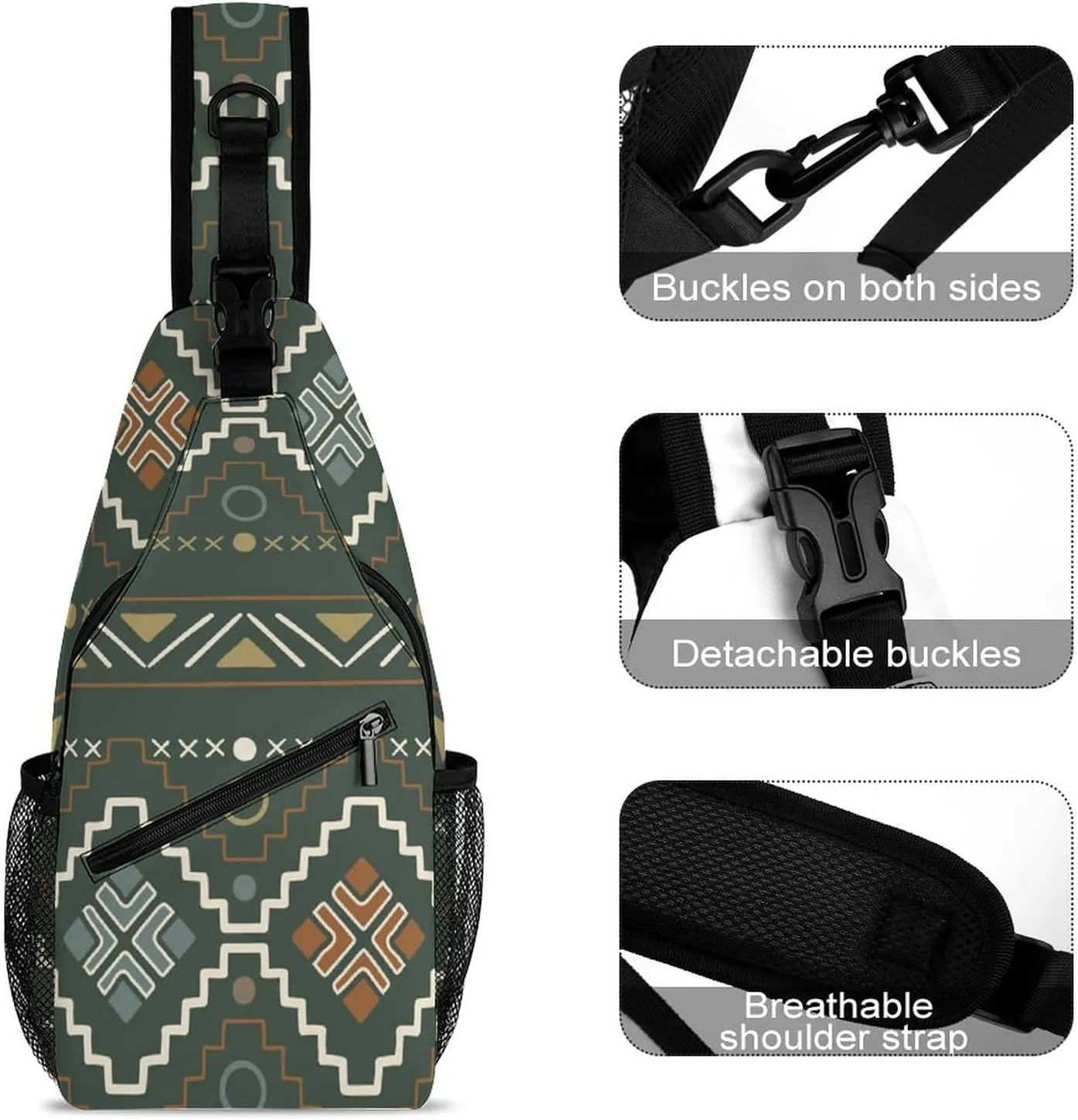Chest Bag for Men Women Compatible with Tribal Ethnic Aztec Native American Decor Sling Shoulder Backpack Fashion Daypack, Outdoor Sport Adjustable Zippered Crossbody Bag with Large Capacity