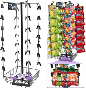 Chip Rack Display Stand with Basket, 4-Row 56 Clips Snack Display 360° Rotation Candy Display Rack for Concession Stand, Countertop, Party, Pantry, Potato Rack Bag Holder
