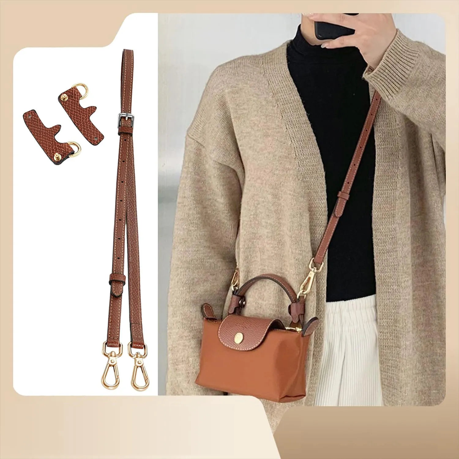 Chispee Leather Shoulder Strap Set Bag Transformation Purse Strap Extender Leather Purse Straps Replacement for Longchamp mini Bag (Black Silver)
