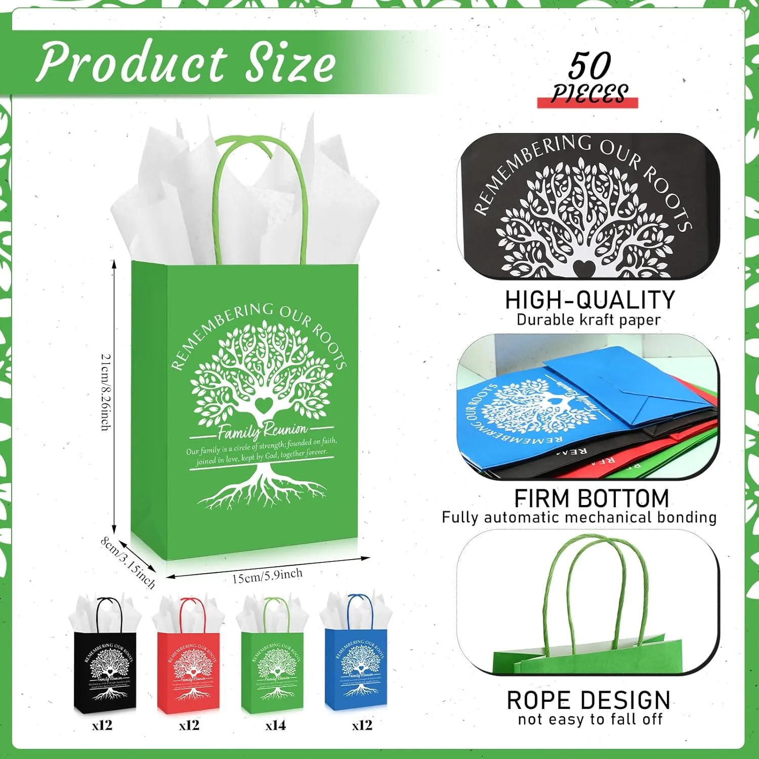 Cholemy 50 Sets Family Reunion Gift Bags with Handles and Tissue Paper Family Reunion Party Favors Kraft Treat Bags Remembering Our Roots Gift Ideas Gathering Party Decorations