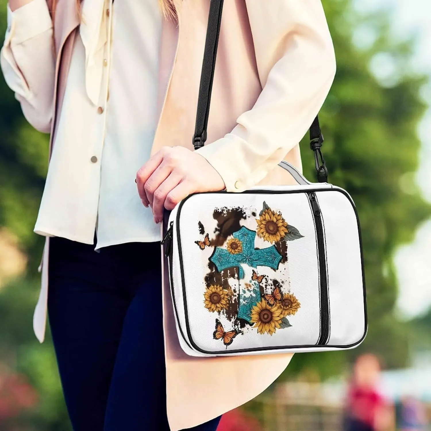 Christian Print Bible Cover,Polyester Bible Case for Women,Cross Floral Bible Bag Bible Case with Shoulder Strap