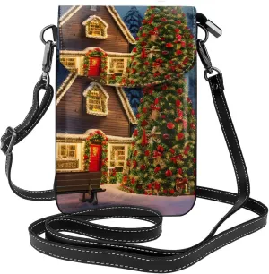 Christmas Carnival Village Print Small Cell Phone Leather Purse Adjustable Shoulder Rope Crossbody Bags For Women