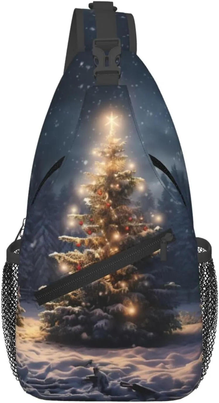 Christmas Tree Snow Print Sling Bag Crossbody Backpack For Women Men Hiking Travel Over The Shoulder Multipurpose Bag