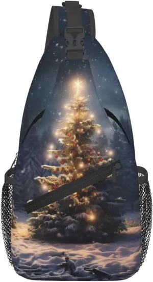 Christmas Tree Snow Print Sling Bag Crossbody Backpack For Women Men Hiking Travel Over The Shoulder Multipurpose Bag