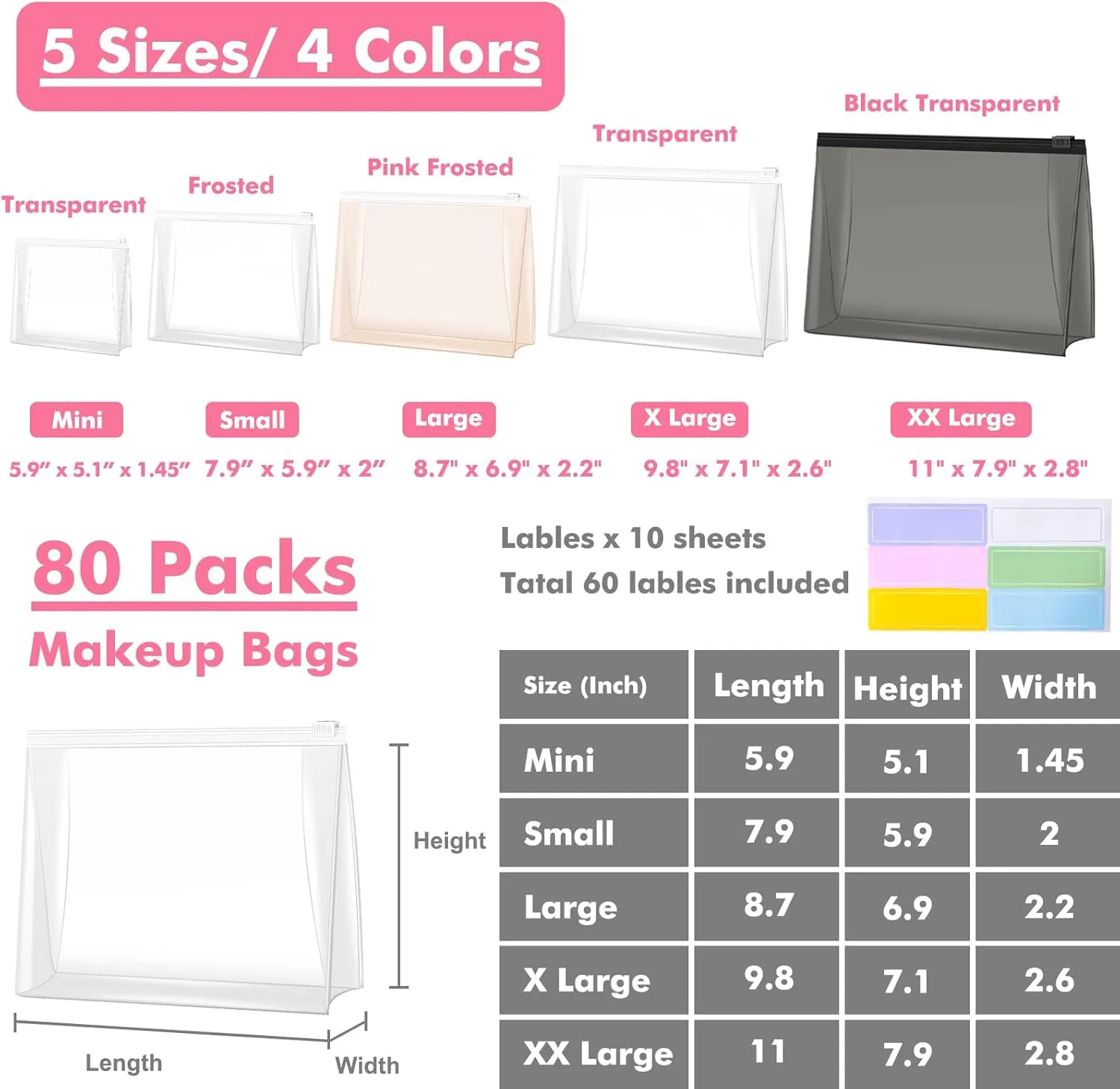 Circloophs 80 Pack Mini Clear Makeup Bag Organizer Cosmetic Zipper Pouch Small Travel Pouches for Toiletries Transparent EVA Reusable Wash Bags Waterproof Plastic Clear Gift Bags Bulk, Mixed Size
