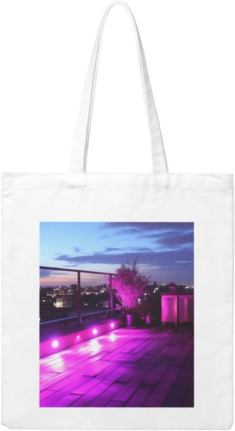 City Night Balcony Skyscrapers Print Canvas Tote Bag Aesthetic Reusable Grocery Shopping Bags Shoulder Bag Book Tote