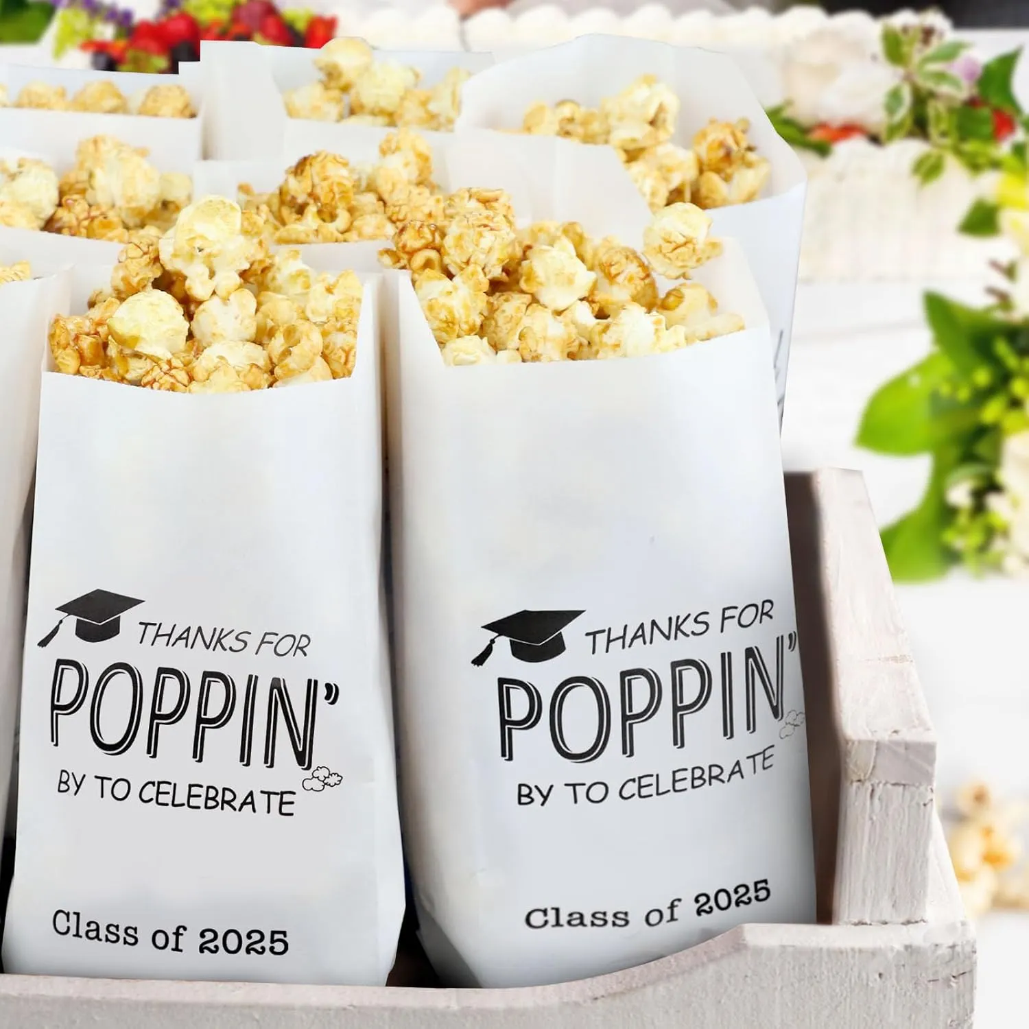 Class of 2025 Graduation Party Favors Popcorn Bags Graduation Treat Snack Goodie Cookie Thanks for Poppin By to Celebrate Grease Resistant Paper Bags (100)