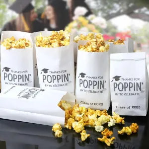 Class of 2025 Graduation Party Favors Popcorn Bags Graduation Treat Snack Goodie Cookie Thanks for Poppin By to Celebrate Grease Resistant Paper Bags (100)