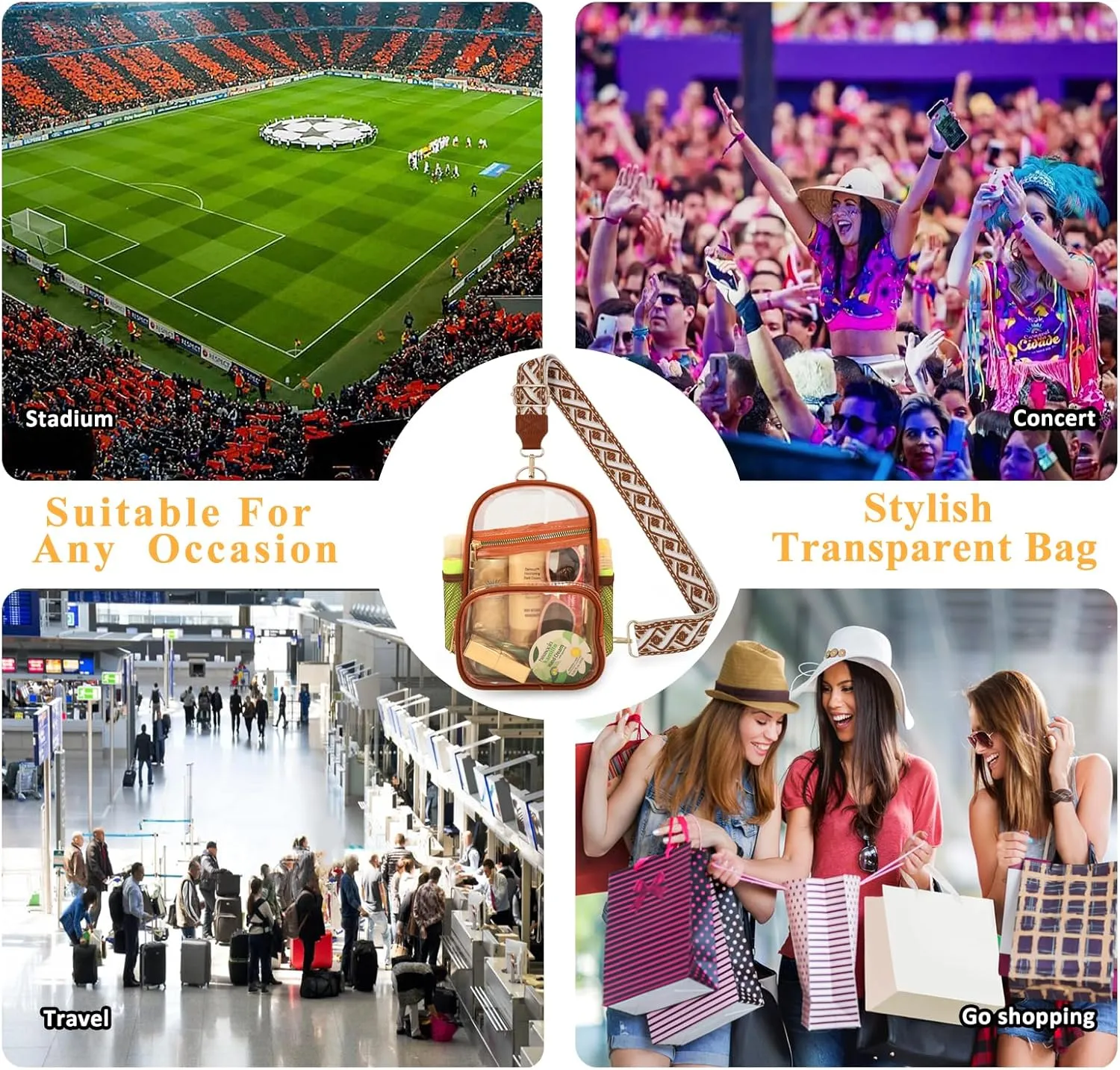 Clear Bag Stadium Approved Events Concerts Sports Outdoors Water Bottle Holder,Clear Purse for Women Men Handbags