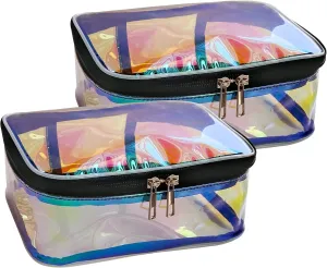 Clear Cosmetic Bags 2 pcs Holographic Pink Waterproof Toiletry Makeup Pouch Zippered Travel Bag