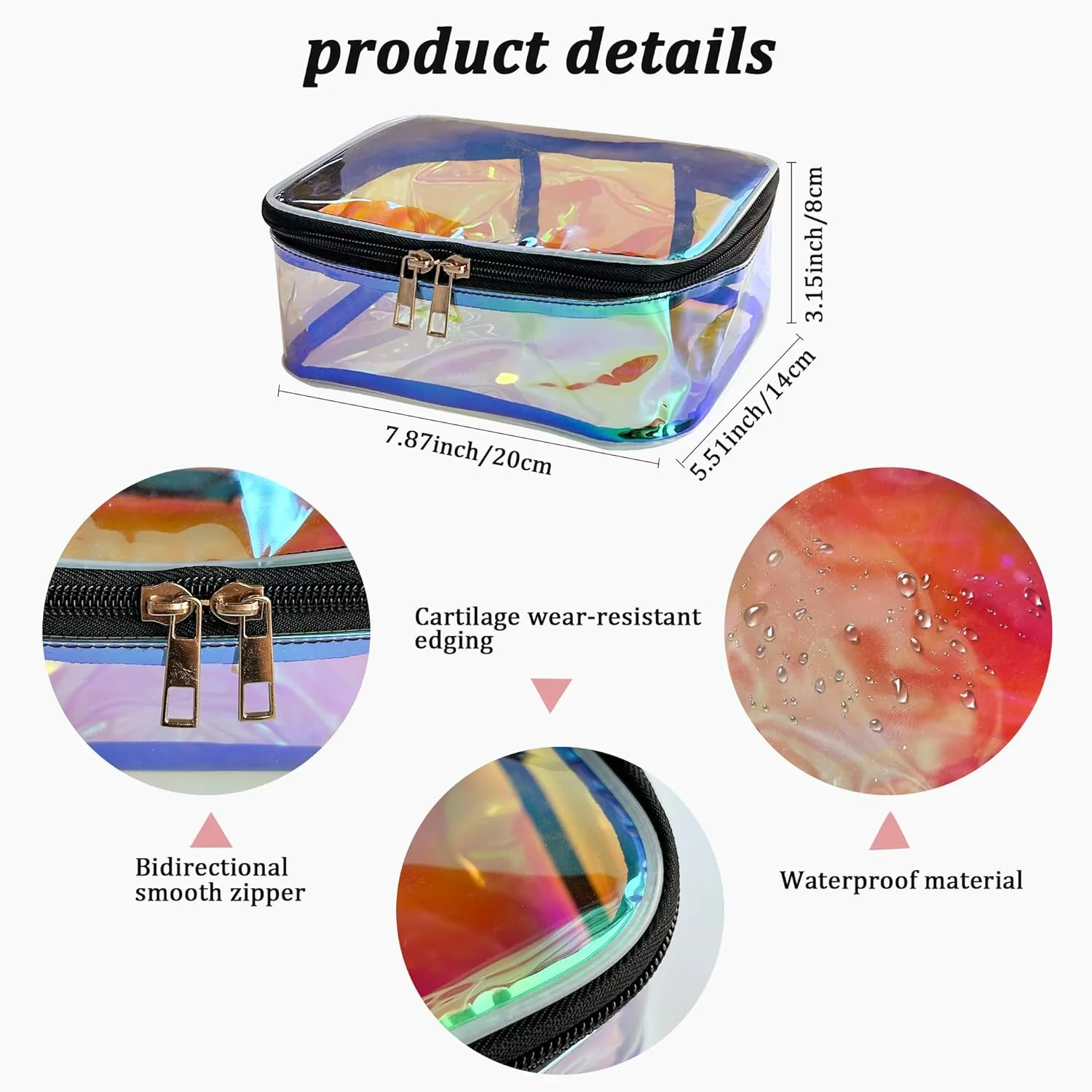 Clear Cosmetic Bags 2 pcs Holographic Pink Waterproof Toiletry Makeup Pouch Zippered Travel Bag