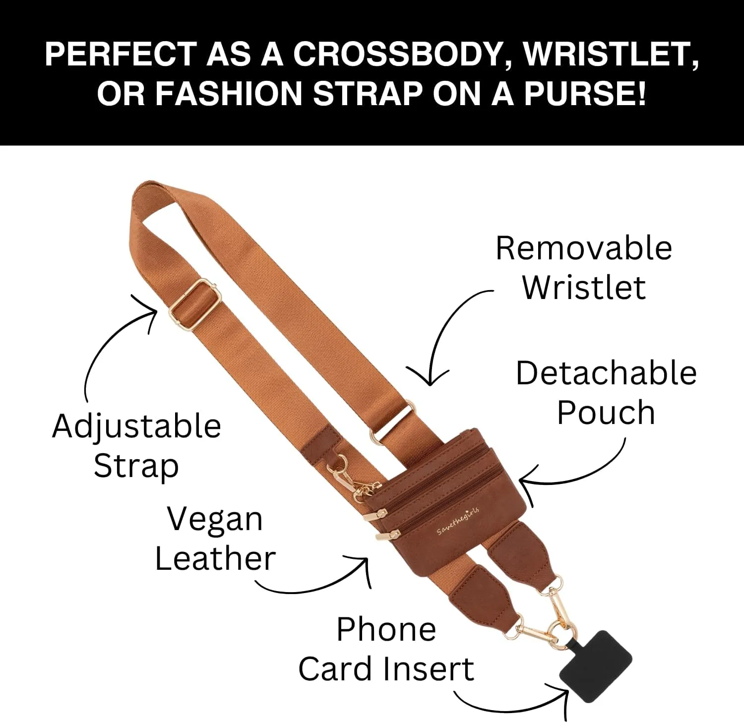 Clip and Go Phone Strap Solid (Brown - Brown Pouch) - Crossbody Phone Strap Chain with Zipper Wallet Pouch – Phone Lanyard with Zippered Pouch