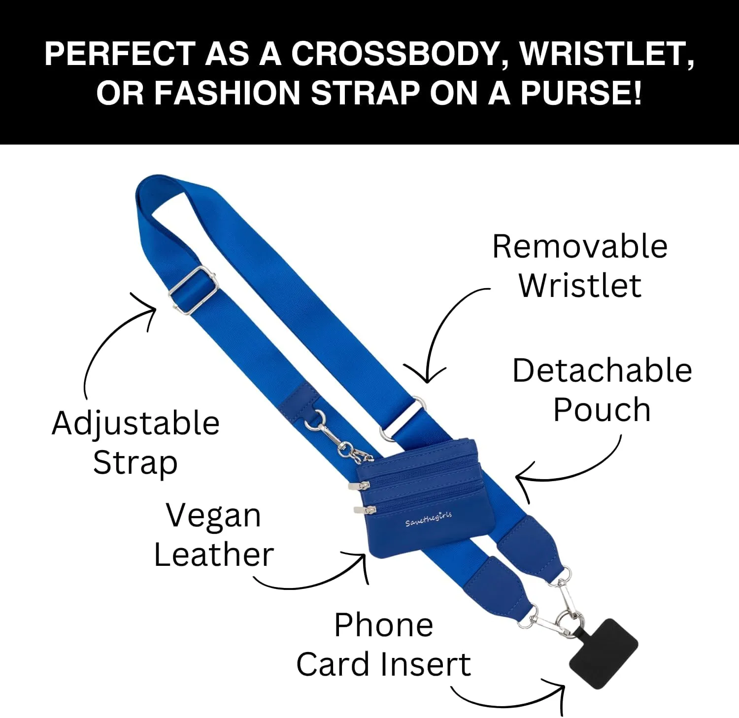 Clip and Go Phone Strap Solid (Royal Blue - Blue Pouch) - Crossbody Phone Strap Chain with Zipper Wallet Pouch – Phone Lanyard with Zippered Pouch