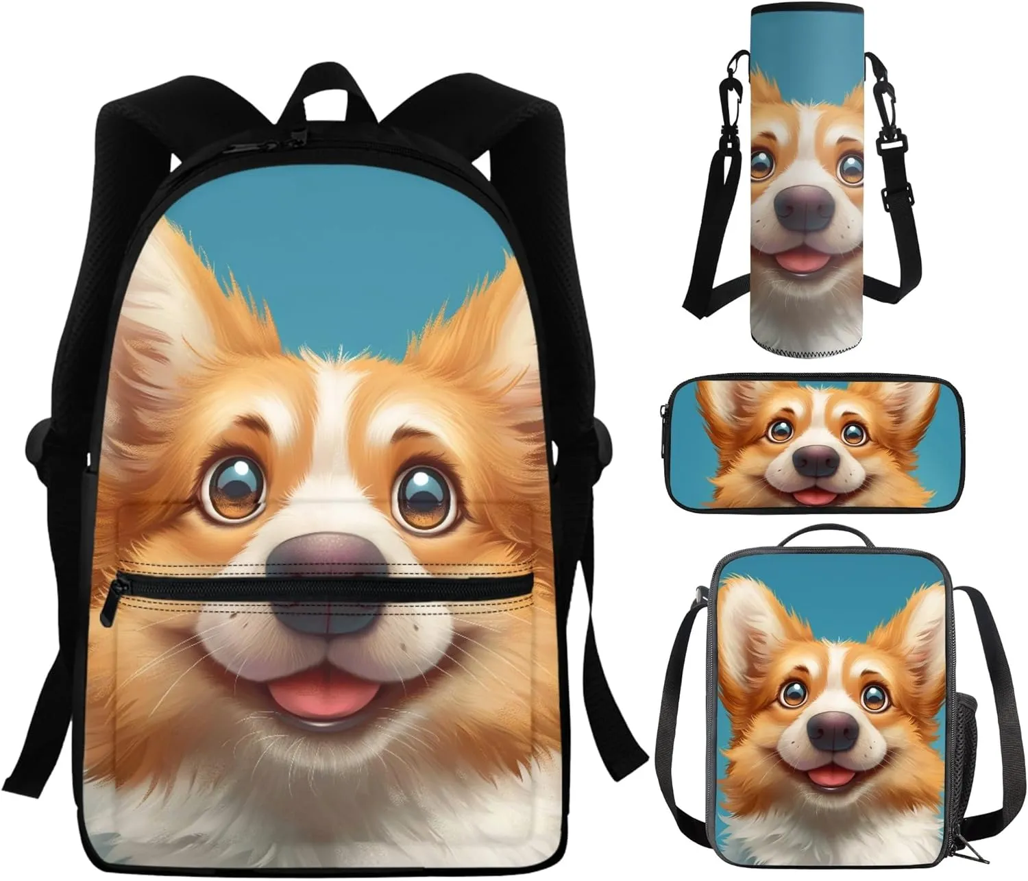 CLOHOMIN Corgi Backpack with Lunch Box for Kids Boys Dog Book Bags for Girls 10-12 Years Old, School Bag with Lunch Bag Set of 4 Cute Bookbag and Lunch Tote Pencil Case Water Bottle Bag, Blue