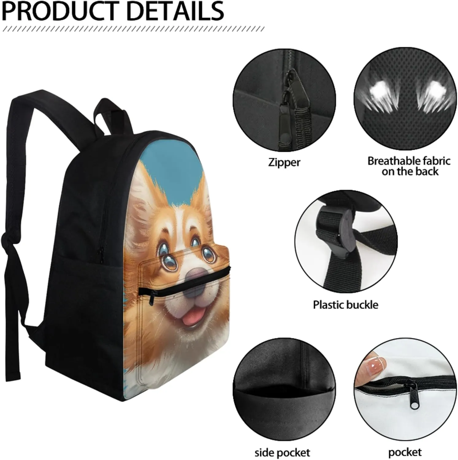CLOHOMIN Corgi Backpack with Lunch Box for Kids Boys Dog Book Bags for Girls 10-12 Years Old, School Bag with Lunch Bag Set of 4 Cute Bookbag and Lunch Tote Pencil Case Water Bottle Bag, Blue