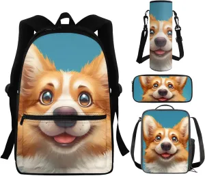 CLOHOMIN Corgi Backpack with Lunch Box for Kids Boys Dog Book Bags for Girls 10-12 Years Old, School Bag with Lunch Bag Set of 4 Cute Bookbag and Lunch Tote Pencil Case Water Bottle Bag, Blue