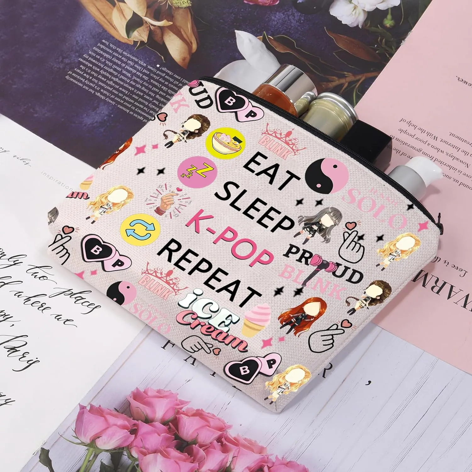 CMNIM Korean Group Singer Merch,K-Pop Makeup Bag,Eat Sleep K-Pop Repeat Travel Pouch,K-Pop Merchandise Gift, Bangtan Merch