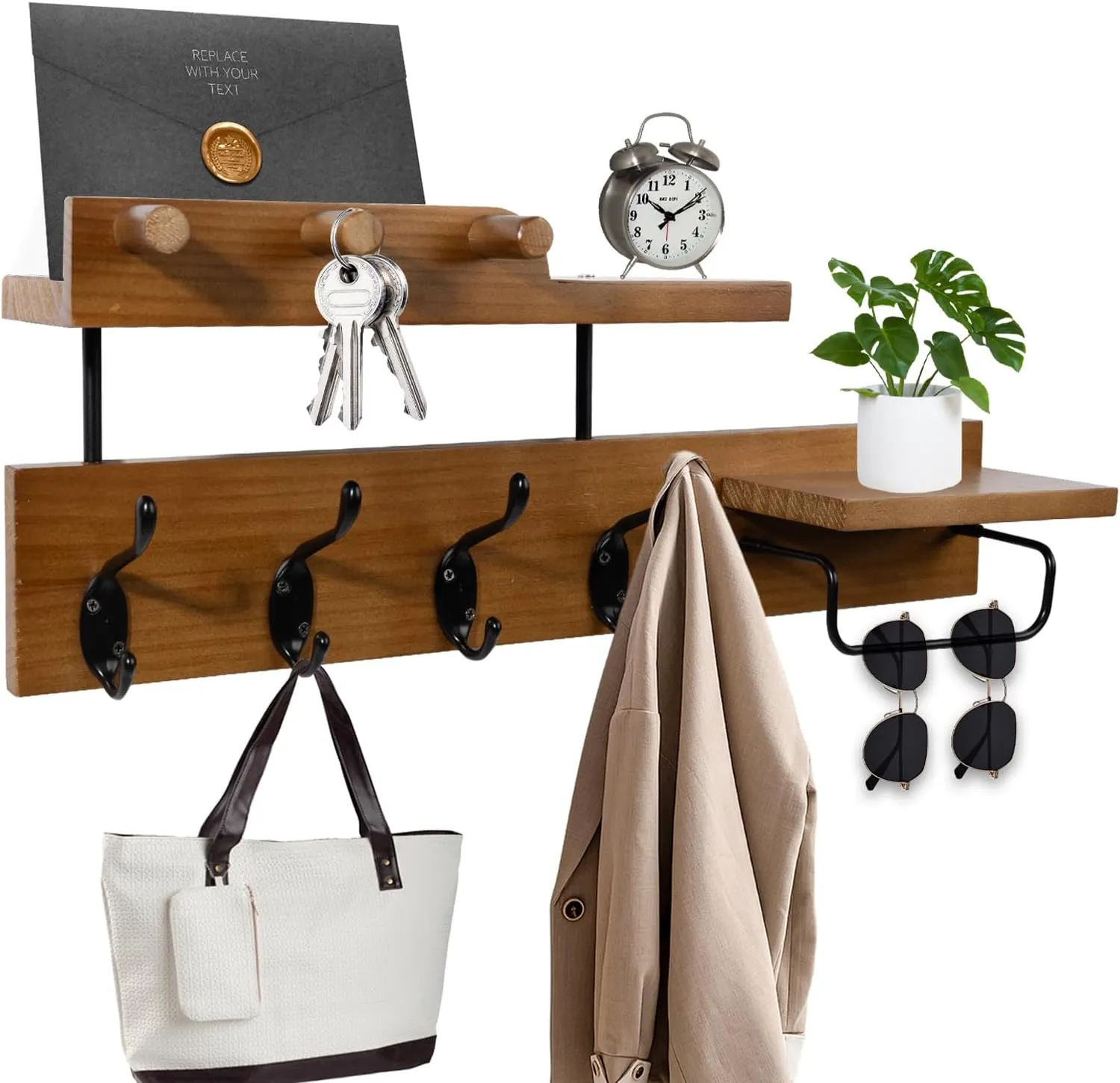 Coat Rack Wall Mount with Shelf, 4 in 1 Wood Coat Hooks with Key and Mail Holder, 17 Inch Entryway Hanging Shelf with Sunglasses Holder and 4 Metal Hooks for Clothes Hats Bag, Brown