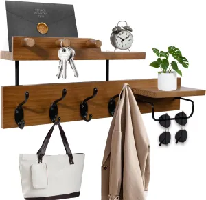 Coat Rack Wall Mount with Shelf, 4 in 1 Wood Coat Hooks with Key and Mail Holder, 17 Inch Entryway Hanging Shelf with Sunglasses Holder and 4 Metal Hooks for Clothes Hats Bag, Brown