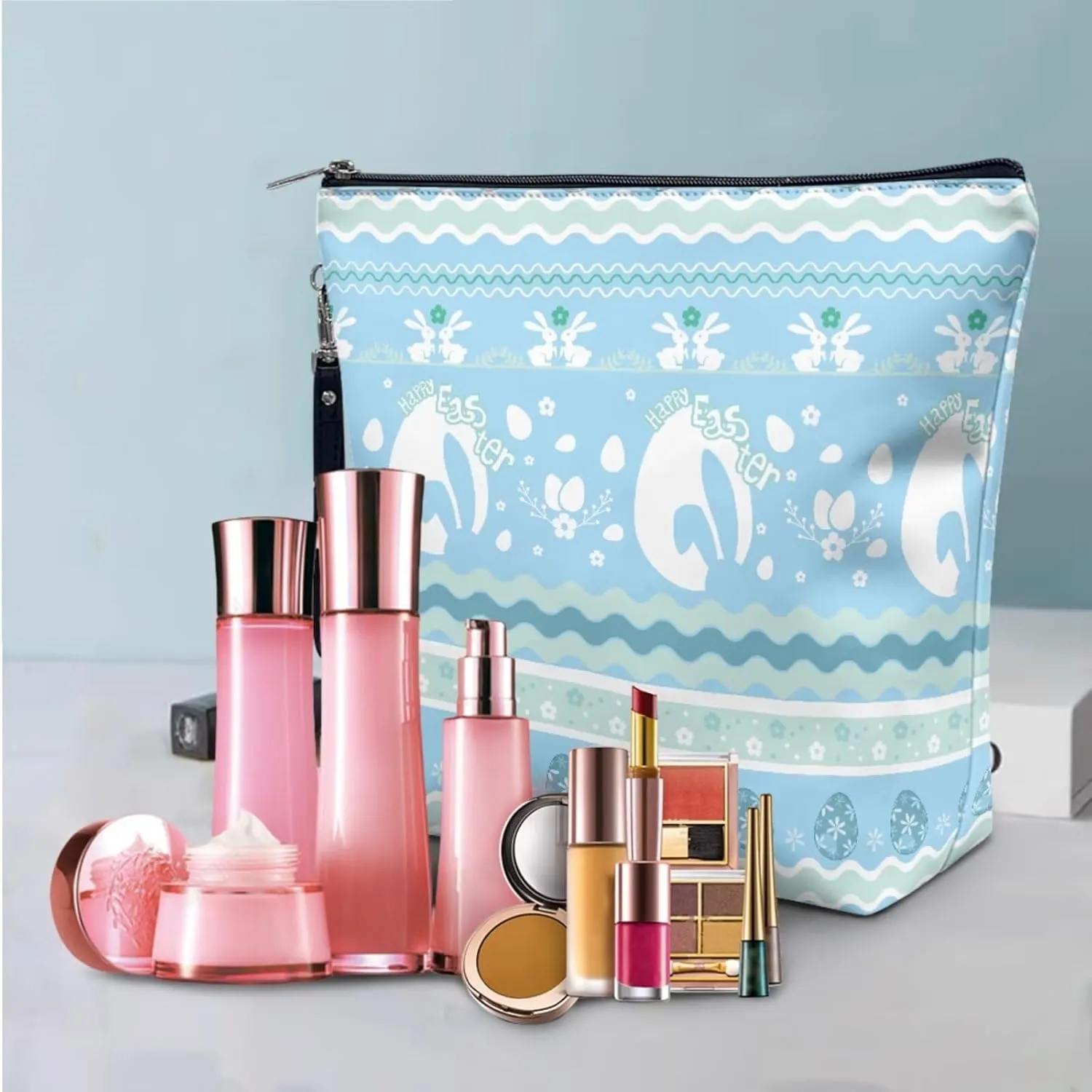 COEQINE Travel Makeup Bags Cosmetic Organizer Bag 3-Set Large Capacity Blue Portable Cosmetic Bag With Handles Cute Rabbit Easter Eggs Toiletry Bag for Girls Traveling With Handle Waterproof