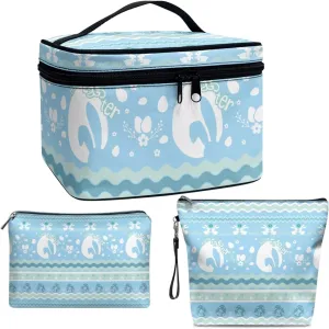 COEQINE Travel Makeup Bags Cosmetic Organizer Bag 3-Set Large Capacity Blue Portable Cosmetic Bag With Handles Cute Rabbit Easter Eggs Toiletry Bag for Girls Traveling With Handle Waterproof