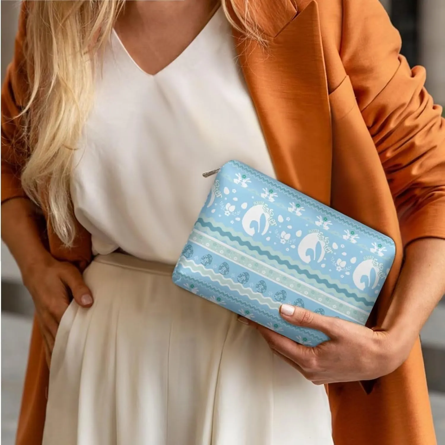 COEQINE Travel Makeup Bags Cosmetic Organizer Bag 3-Set Large Capacity Blue Portable Cosmetic Bag With Handles Cute Rabbit Easter Eggs Toiletry Bag for Girls Traveling With Handle Waterproof