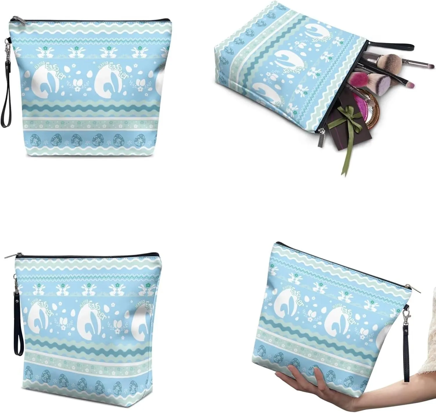 COEQINE Travel Makeup Bags Cosmetic Organizer Bag 3-Set Large Capacity Blue Portable Cosmetic Bag With Handles Cute Rabbit Easter Eggs Toiletry Bag for Girls Traveling With Handle Waterproof