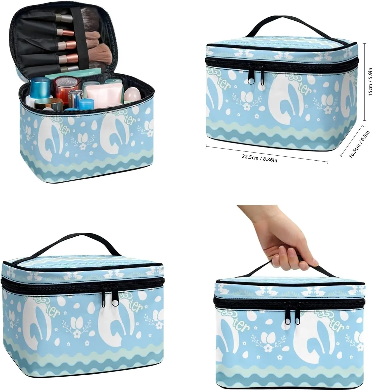 COEQINE Travel Makeup Bags Cosmetic Organizer Bag 3-Set Large Capacity Blue Portable Cosmetic Bag With Handles Cute Rabbit Easter Eggs Toiletry Bag for Girls Traveling With Handle Waterproof