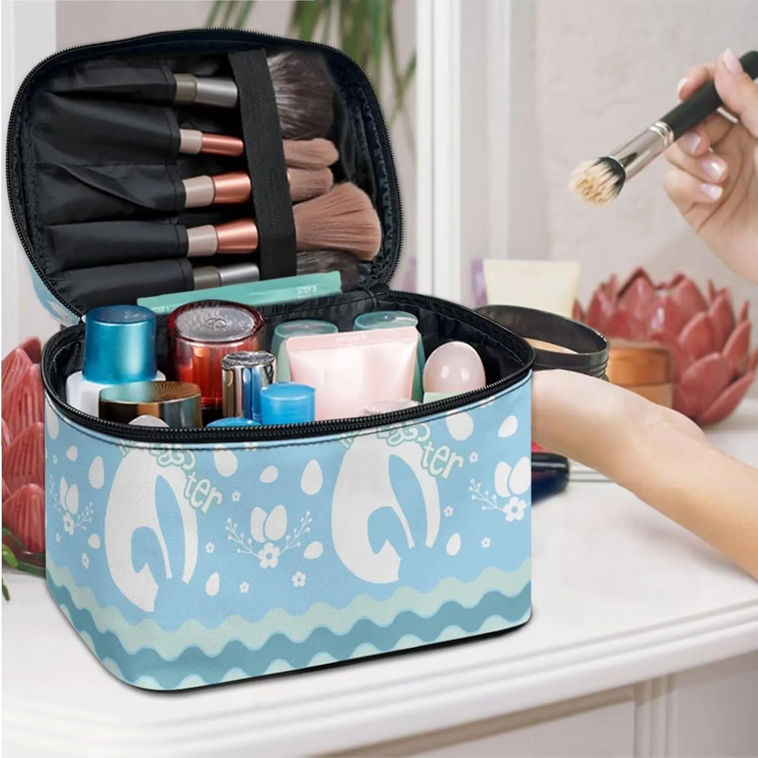 COEQINE Travel Makeup Bags Cosmetic Organizer Bag 3-Set Large Capacity Blue Portable Cosmetic Bag With Handles Cute Rabbit Easter Eggs Toiletry Bag for Girls Traveling With Handle Waterproof