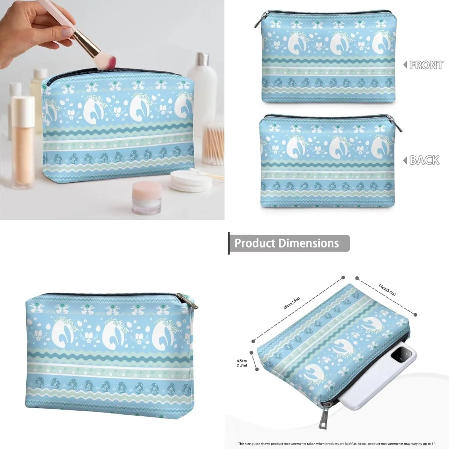 COEQINE Travel Makeup Bags Cosmetic Organizer Bag 3-Set Large Capacity Blue Portable Cosmetic Bag With Handles Cute Rabbit Easter Eggs Toiletry Bag for Girls Traveling With Handle Waterproof