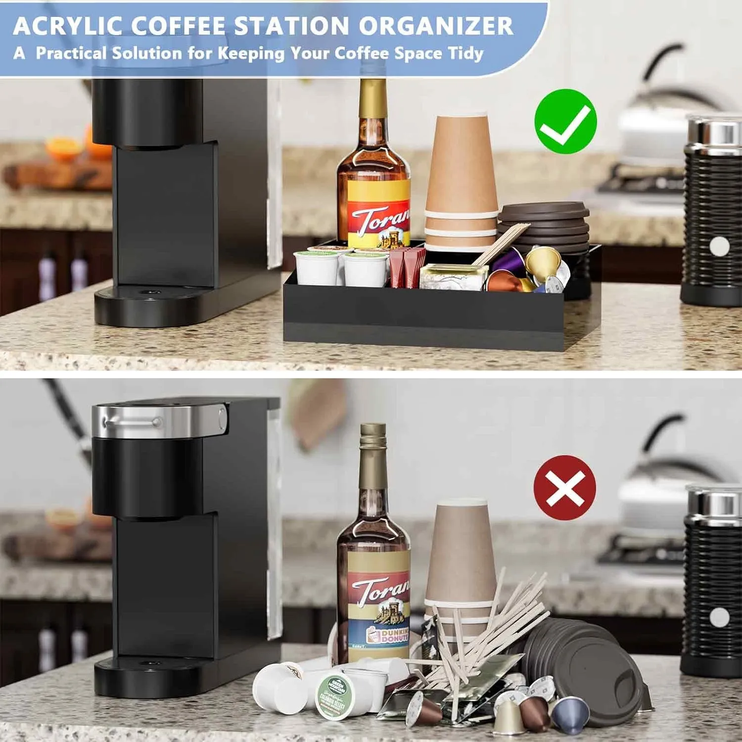 Coffee Bar Station Organizer - Acrylic Countertop Holder for Pods, Condiments, Stirrers, Snack & Tea Accessories - Gift for Coffee Lovers - Black