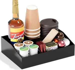 Coffee Bar Station Organizer - Acrylic Countertop Holder for Pods, Condiments, Stirrers, Snack & Tea Accessories - Gift for Coffee Lovers - Black