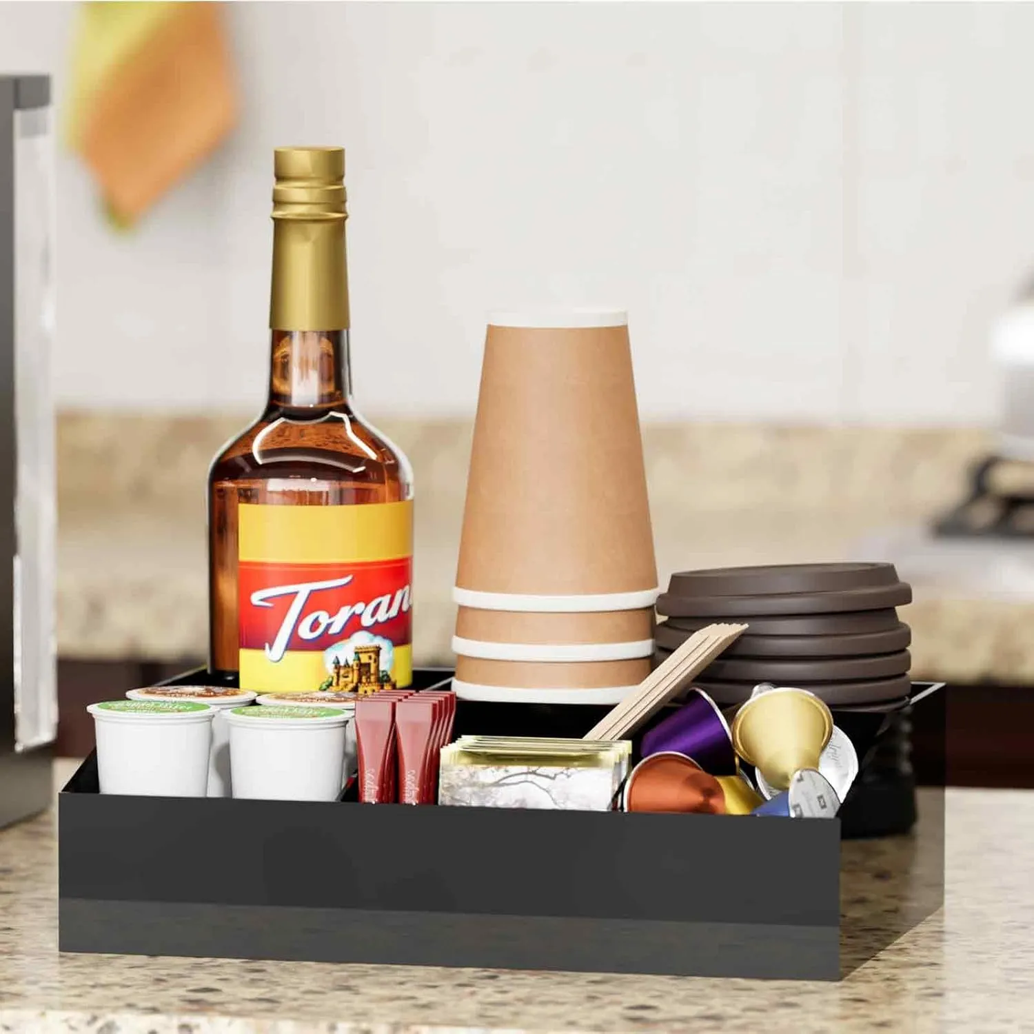 Coffee Bar Station Organizer - Acrylic Countertop Holder for Pods, Condiments, Stirrers, Snack & Tea Accessories - Gift for Coffee Lovers - Black