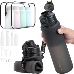 Collapsible 32oz Silicone Water Bottle, Foldable Travel Bottle with Strap, BPA Free, Leakproof for Hiking, International Travel, Outdoors (Black)