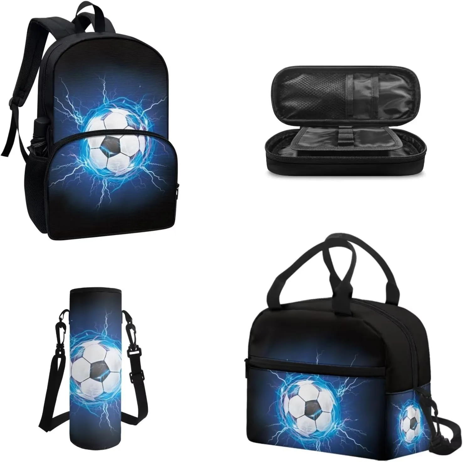 Coloranimal Galaxy Soccer Kids Backpack Set for Teens Boys 4pcs Football Ball Book Bag Set with Lunch Box Pencil Case Water Bottle Holder for Student Middle High School Bags Big Bagpack