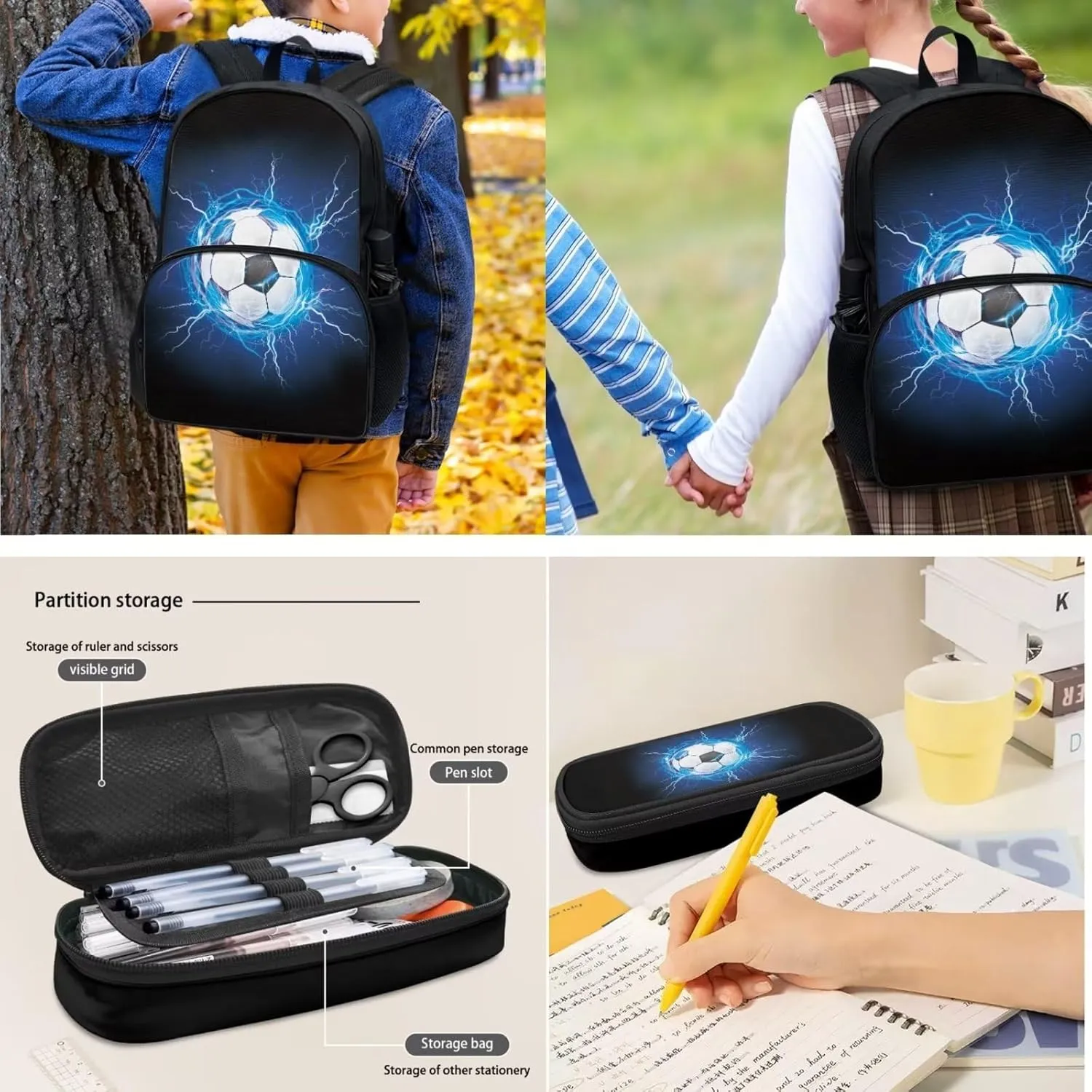 Coloranimal Galaxy Soccer Kids Backpack Set for Teens Boys 4pcs Football Ball Book Bag Set with Lunch Box Pencil Case Water Bottle Holder for Student Middle High School Bags Big Bagpack