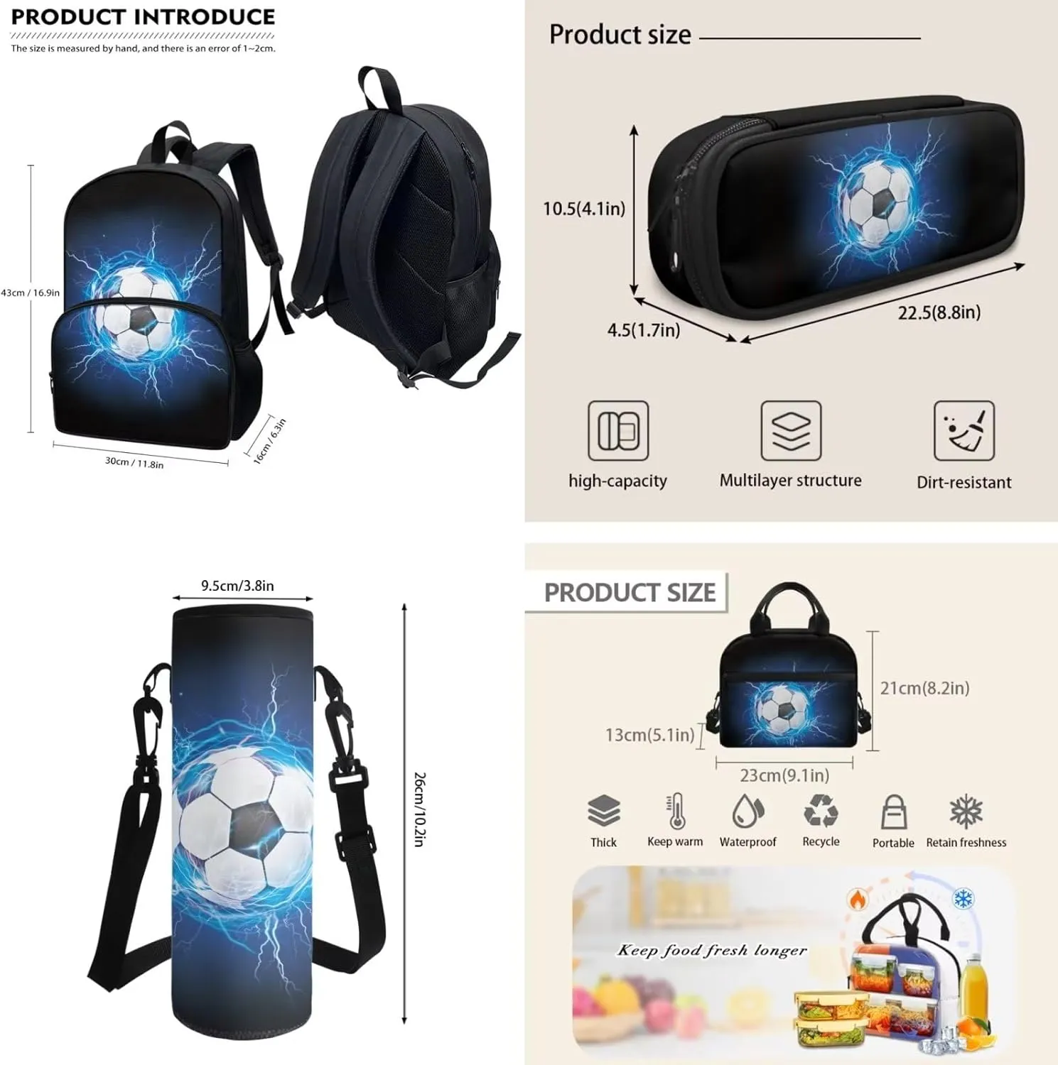 Coloranimal Galaxy Soccer Kids Backpack Set for Teens Boys 4pcs Football Ball Book Bag Set with Lunch Box Pencil Case Water Bottle Holder for Student Middle High School Bags Big Bagpack