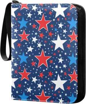Colorful Stars Blue White Red Card Binder 4 Pocket Trading Card Binder Portable Cards Collection Book with Zipper