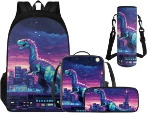 Cool Dinosaur Backpack Set for Boys, Backpack for 4th Grade Boys School Bags Lunch Bag Water Bottle Holder Pencil Case Large Capacity Bag 4 Piece Set for Camping Picnic