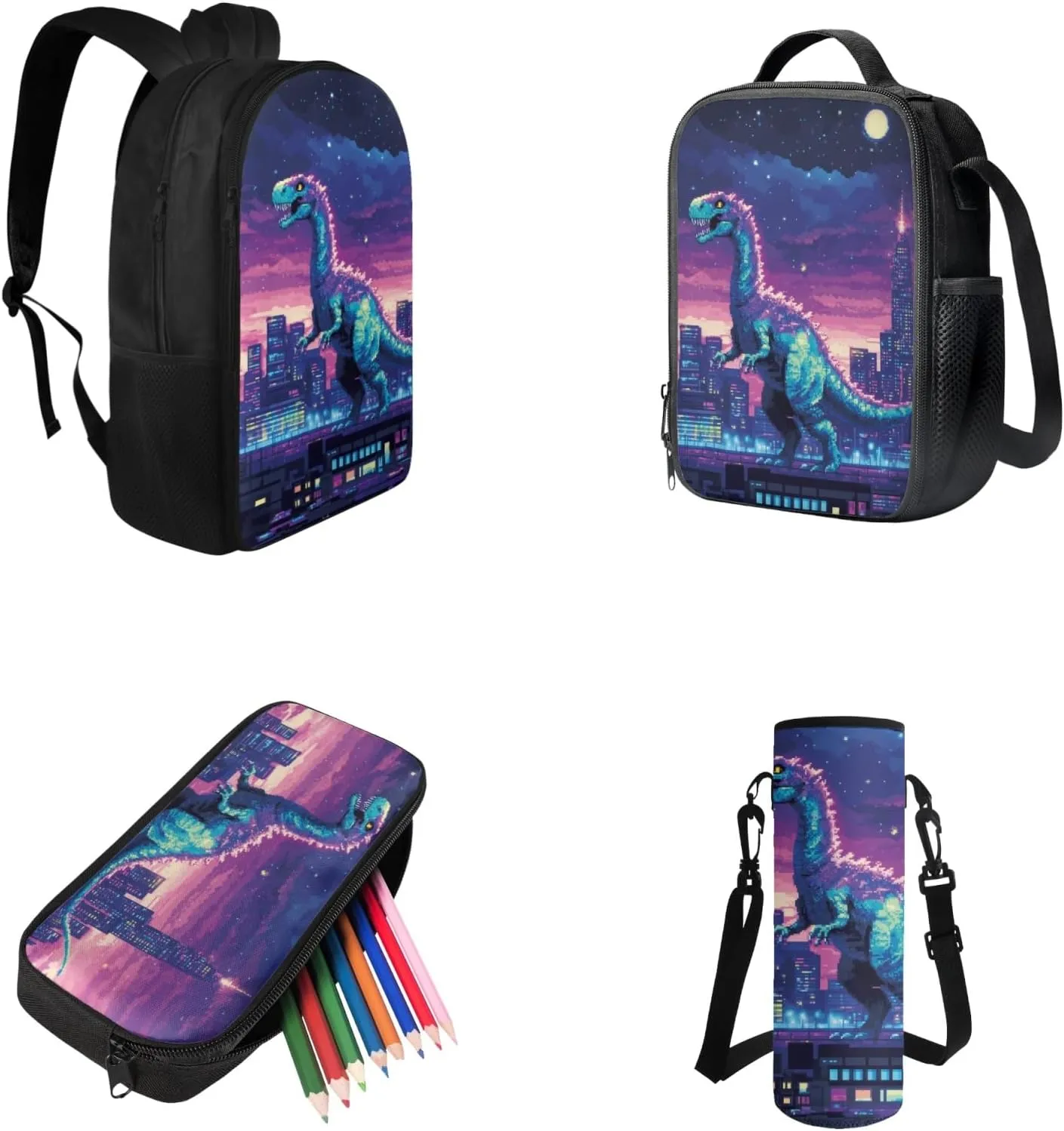 Cool Dinosaur Backpack Set for Boys, Backpack for 4th Grade Boys School Bags Lunch Bag Water Bottle Holder Pencil Case Large Capacity Bag 4 Piece Set for Camping Picnic