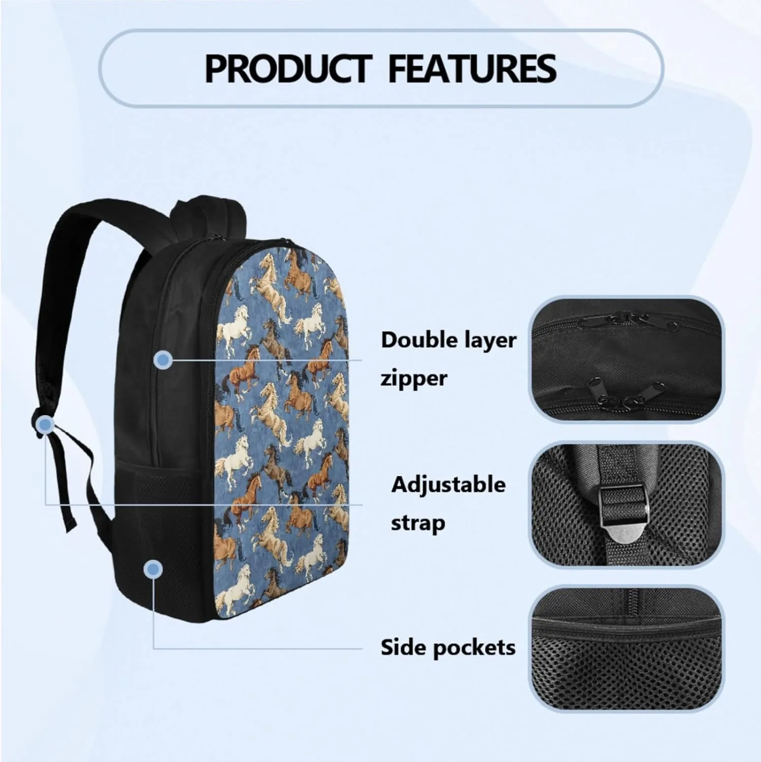 Cool Horse Backpack and Lunch Box Set of 4, 3rd Grade Backpack for Boys Back to School Lunch Box Water Bottle Holder Pencil Case Bookbag Accessories Sets for Daily Study