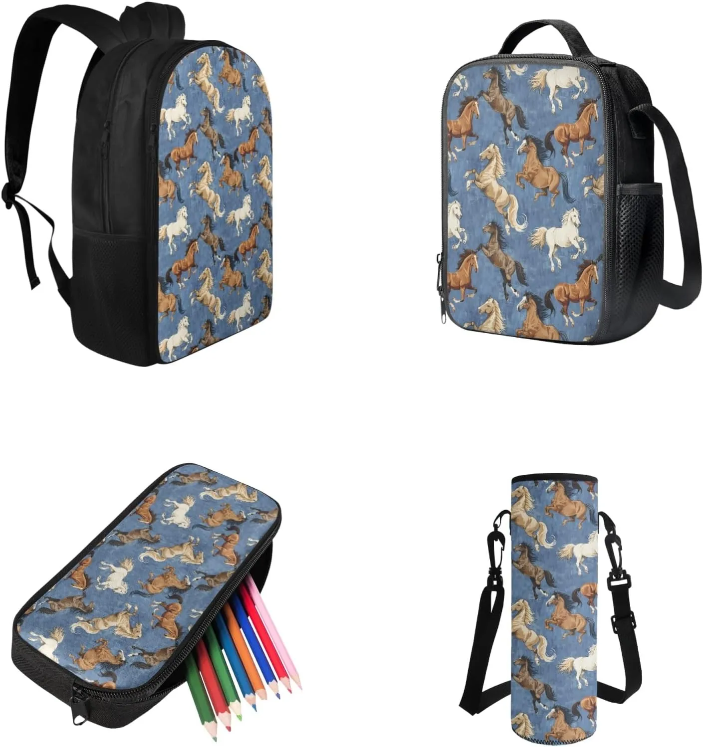Cool Horse Backpack and Lunch Box Set of 4, 3rd Grade Backpack for Boys Back to School Lunch Box Water Bottle Holder Pencil Case Bookbag Accessories Sets for Daily Study