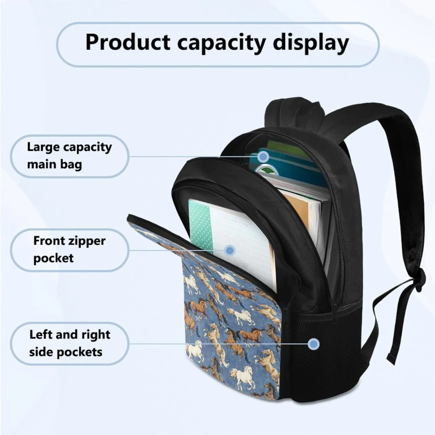 Cool Horse Backpack and Lunch Box Set of 4, 3rd Grade Backpack for Boys Back to School Lunch Box Water Bottle Holder Pencil Case Bookbag Accessories Sets for Daily Study